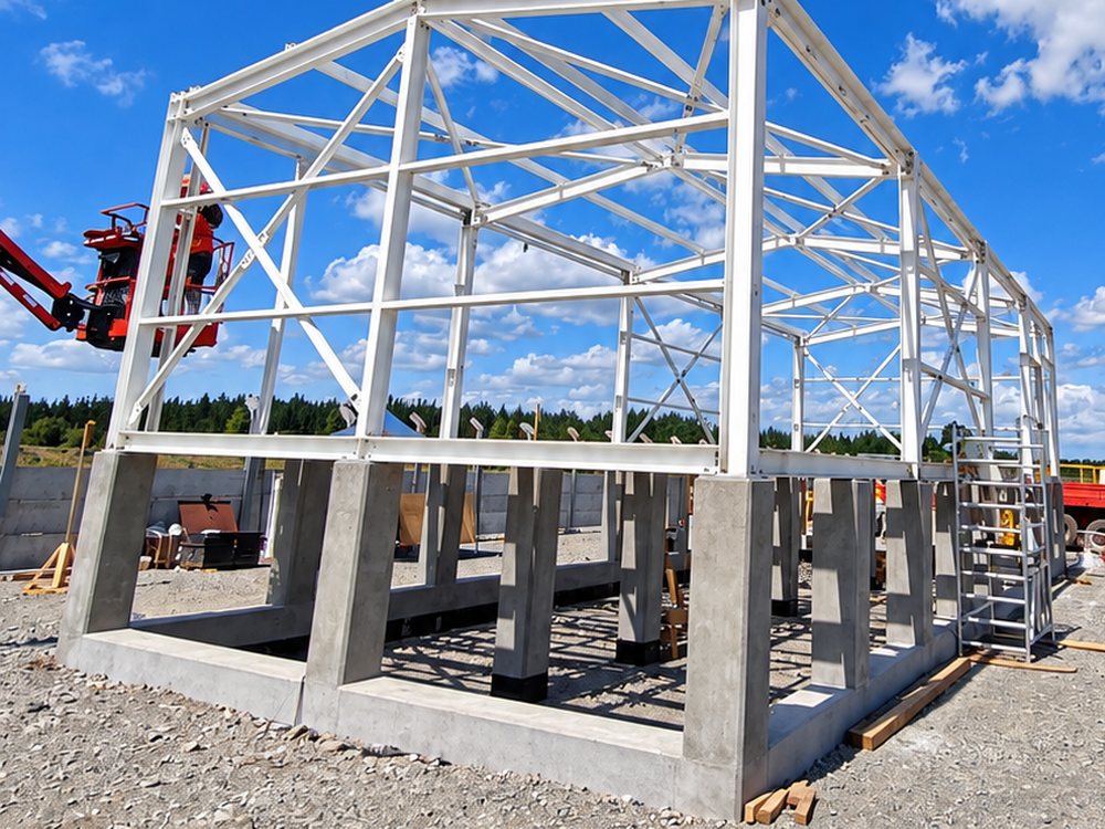 Estructura metálica de una sala eléctrica montada sobre fundaciones de hormigón