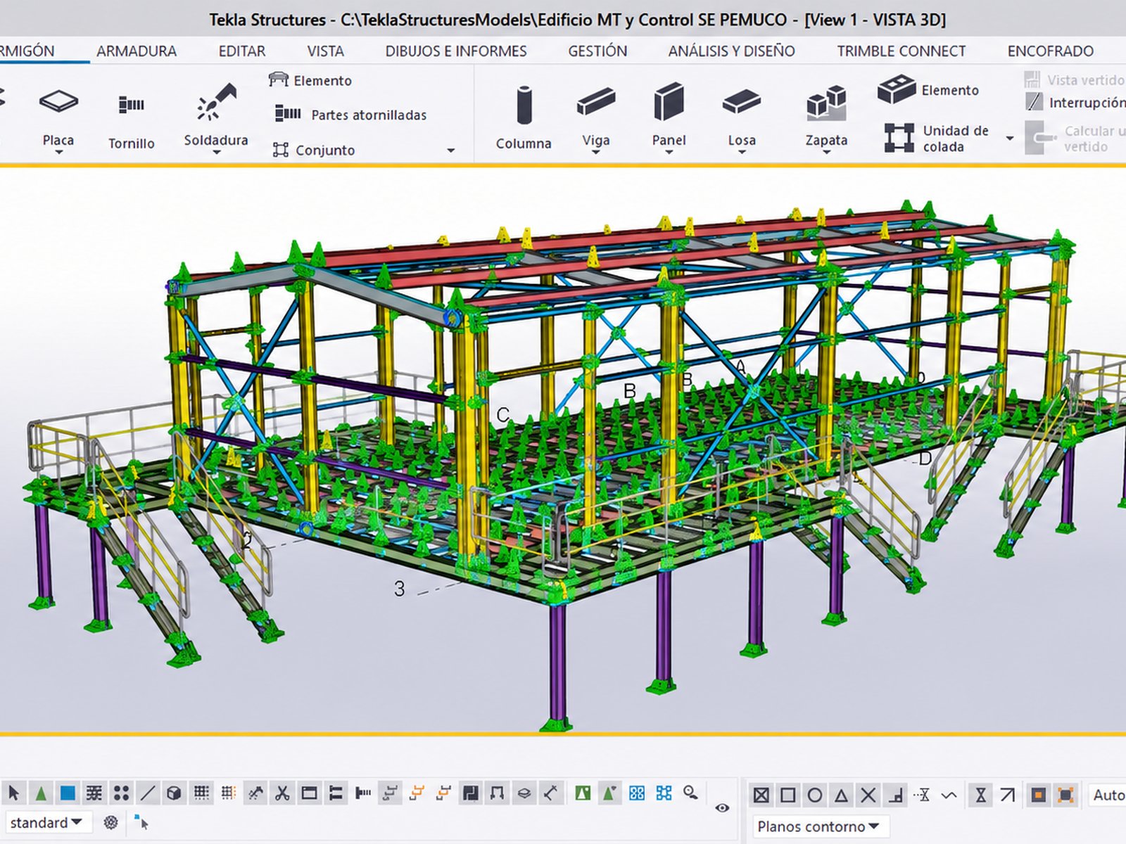 Modelo 3D de una estructura metálica con estructura y plataformas en Tekla Structures